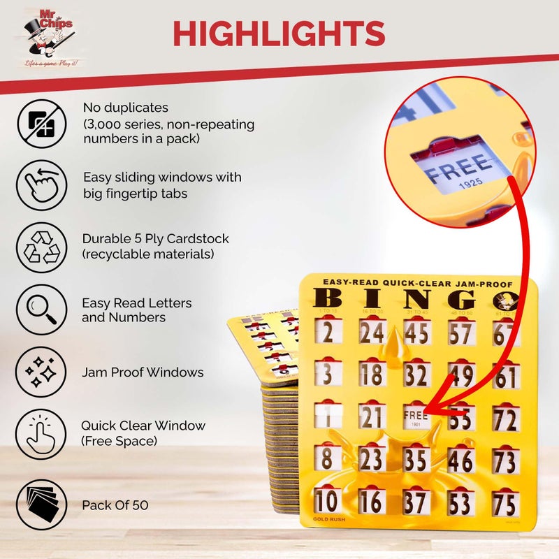 MR CHIPS Jam-Proof Easy-Read Quick-Clear Large Print Fingertip Slide Bingo Cards with Sliding Windows 50 Pack in Gold Rush Style - Image 3